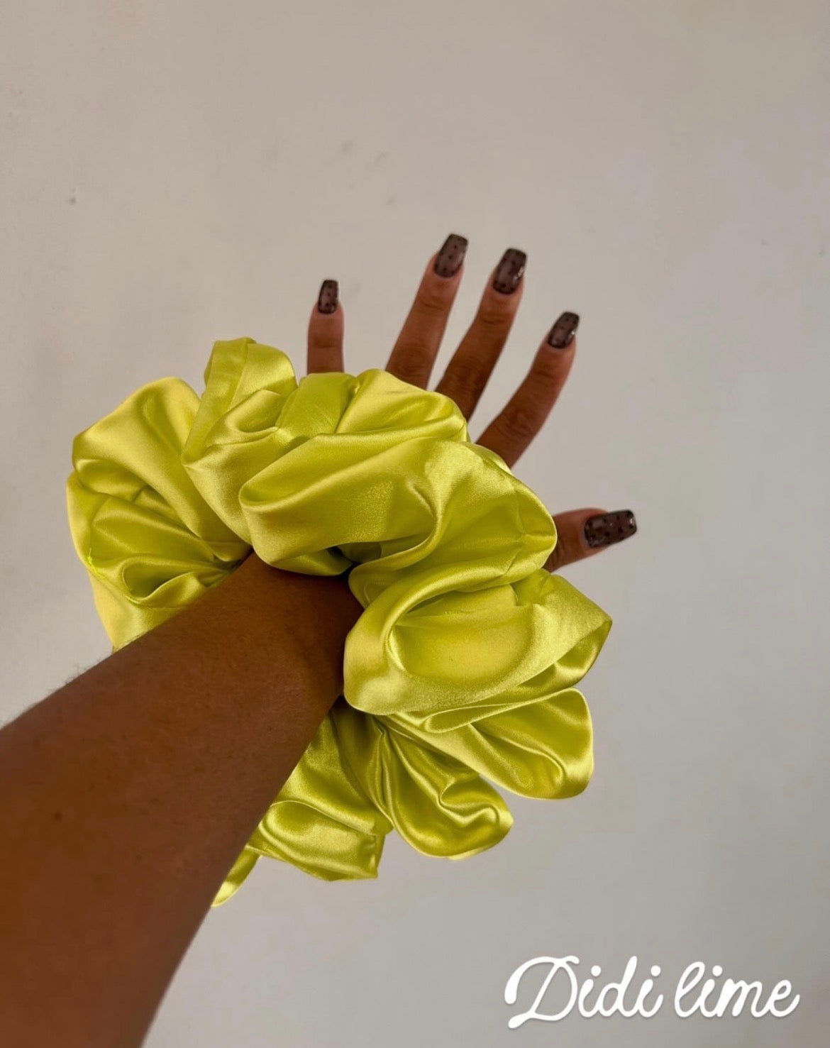 The Didi Lime Scrunchie - handmade lime green satin hair scrunchie by XOXO Scrunchie