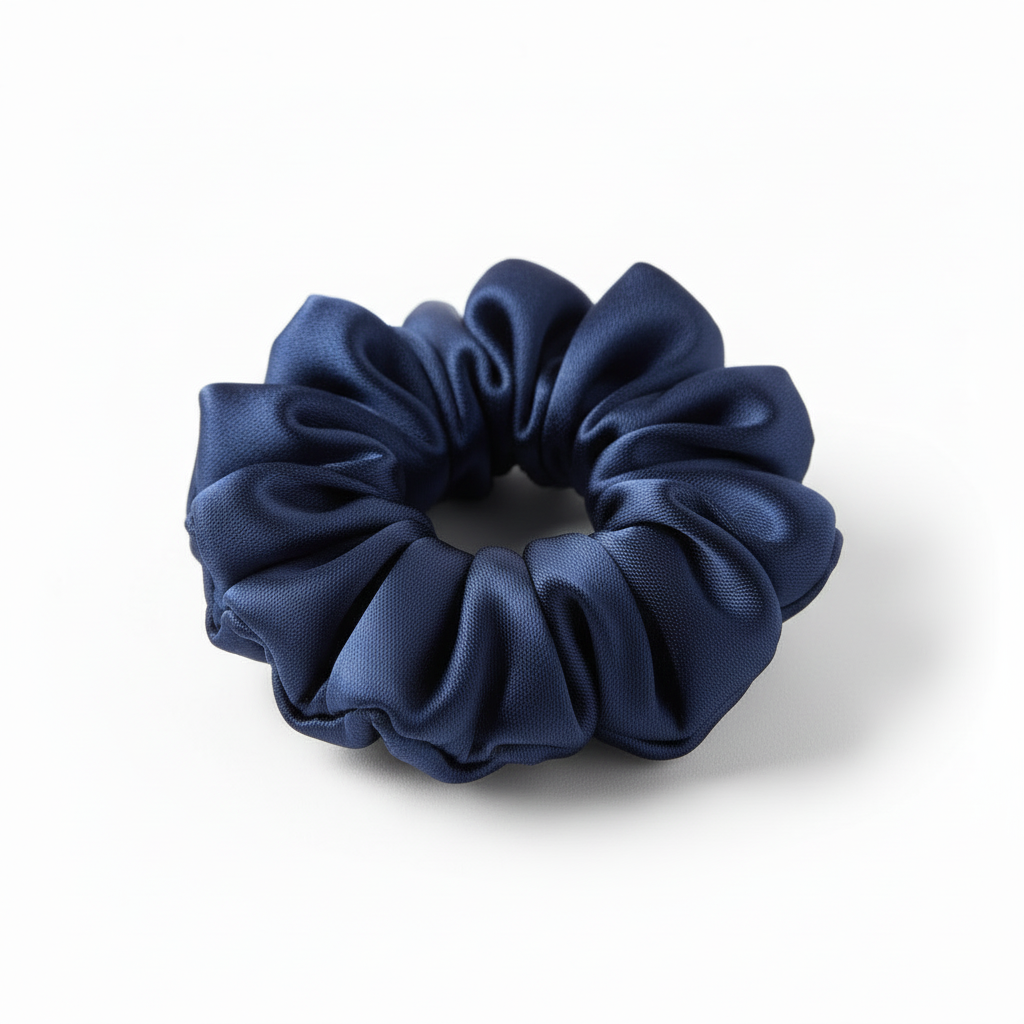 Navy blue satin kids scrunchie - top view