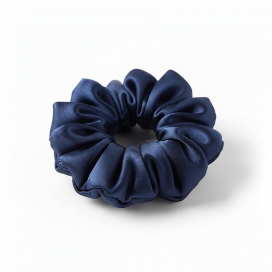 Navy blue satin kids scrunchie - top view
