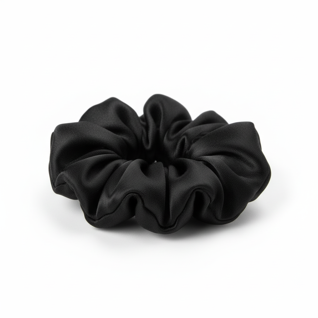 Black satin kids scrunchie - side angle